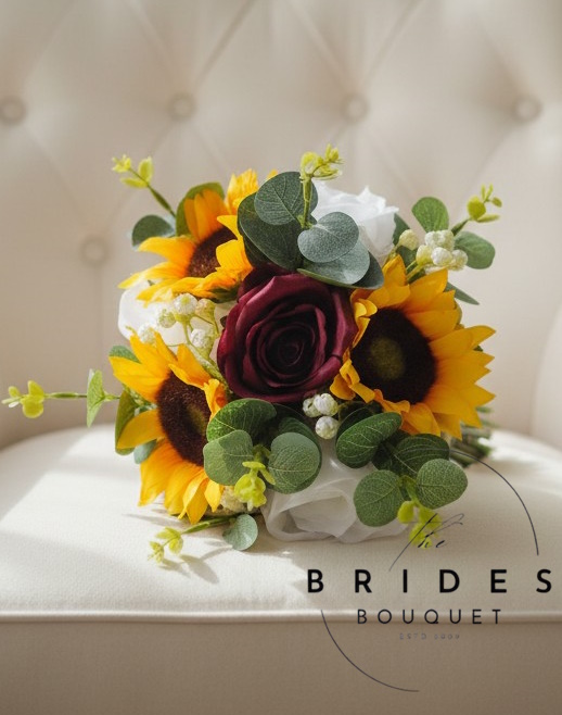 silk rose and sunflower wedding bouquets for bridesmaids or flower girls with eucalyptus Silk rose sunflower and eucalyptus bridesmaid bouquet with gypsophila