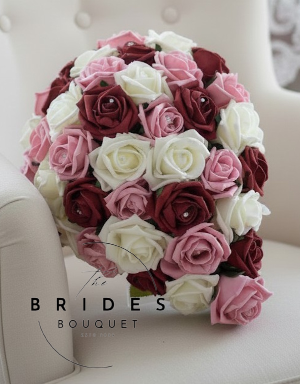 any colour bridal tear bouquet budget wedding flowers low cost cascade