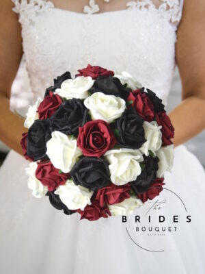 artificial wedding bouquet with burgundy and black fake roses for bride to be