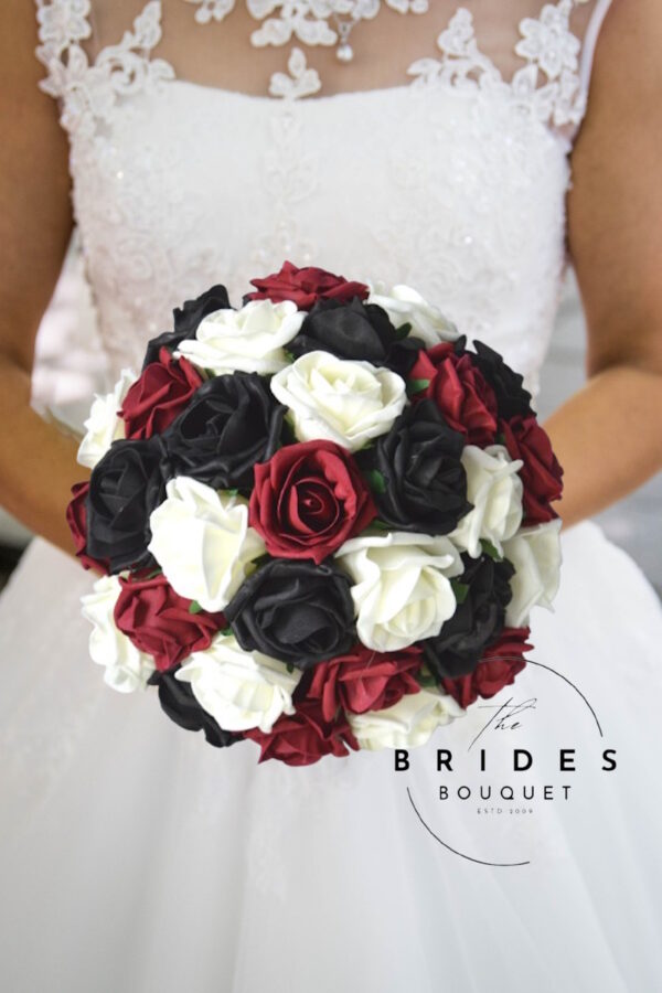 artificial wedding bouquet with burgundy and black fake roses for bride to be