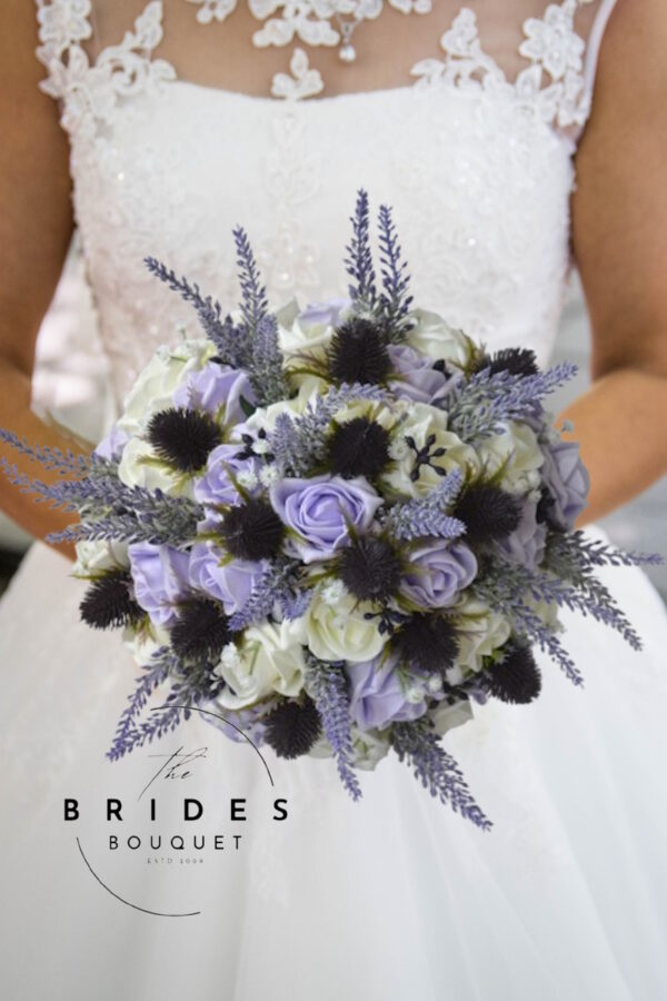 purple thistle and heather Scottish wedding bouquet collection