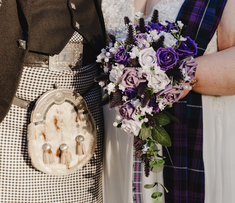 brides tear bouquet with purple thistles scottish bridal flowers real life weddings