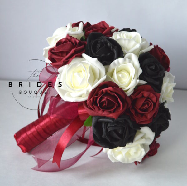 burgundy black and ivory rose wedding bouquet fake flowers for bride