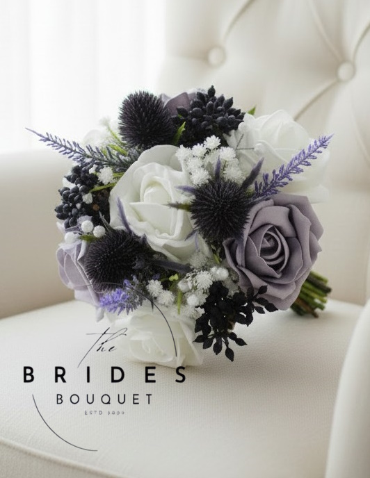 scottish wedding bouquet for bridesmaids and flower girls artificial thistle rose berry and heather Purple thistle and heather flower girl posy with roses, gypsophila and berries