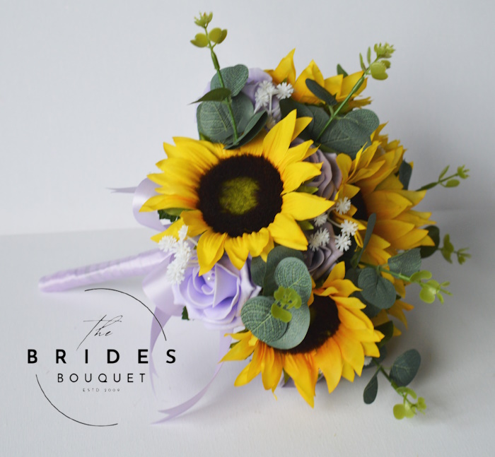 silk sunflower and lilac rose wedding bouquet bridesmaids flowers