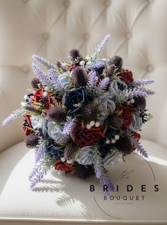 thistle heather rose and berry wedding bouquet burgundy navy dusty blue with purple thistle and heather