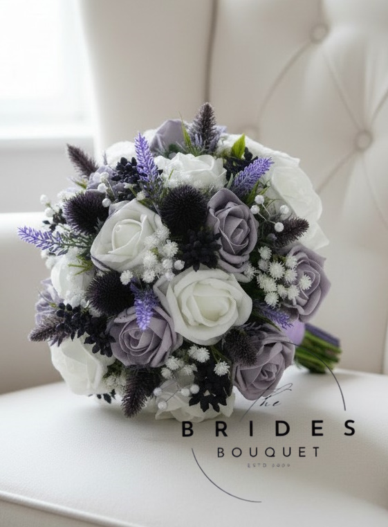 thistle heather roses wedding bouquet scottish bridal flowers with gyp and purple thistles