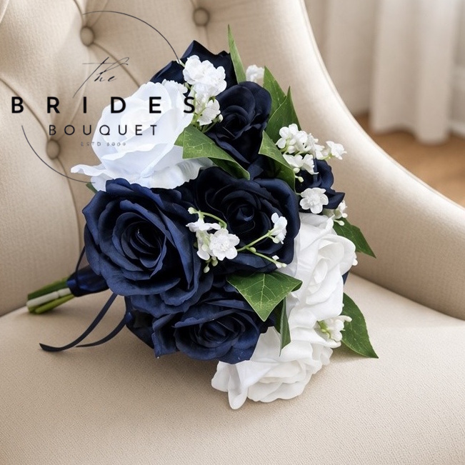 navy blue and white silk rose wedding boquuet with folaige and gyp