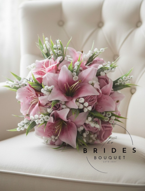 pink silk tiger lily wedding bouquets with lily of the valley and roses