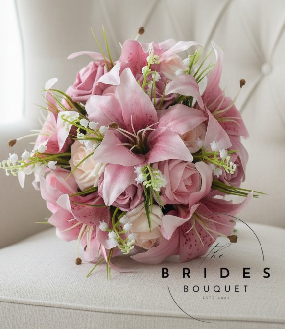 pink tiger lily silk wedding bouquet for bridesmaids bride lilies and roses pink artificial bridesmaid wedding bouquet tiger lily roses UK