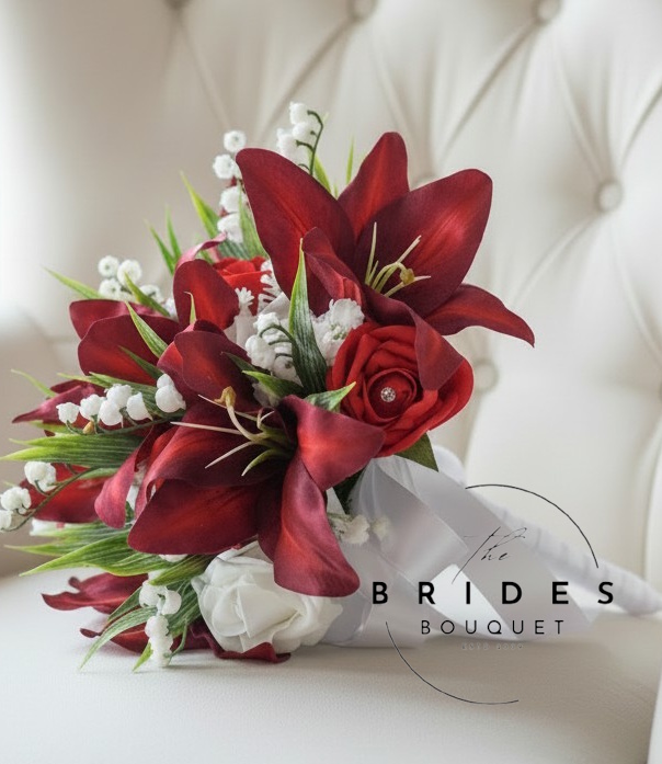 tiger lily and rose wedding bouquets of artificial flowers for bridesmaids with lily of the valley burgundy red