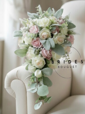 brides teardrop bouquet of roses with foliage artificial wedding cascade