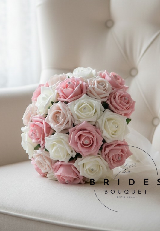 light pink mocha pink rose bridal bouquet with white roses artificial wedding flowers