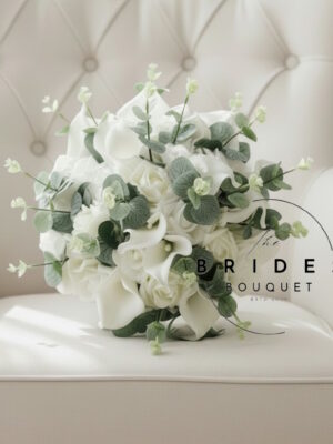 Artificial bridal bouquet with roses calla lilies and eucalyptus weddings
