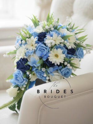 Artificial teardrop wedding bouquet with roses mini gerbera daisies and lily of the valley