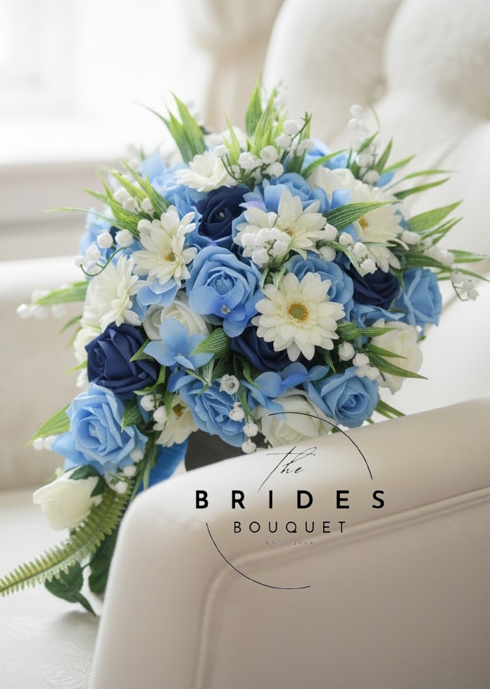 silk and artificial flower wedding teardrop bouquet cascade with mini gerbera roses lily of the valley Artificial teardrop wedding bouquet with roses mini gerbera daisies and lily of the valley