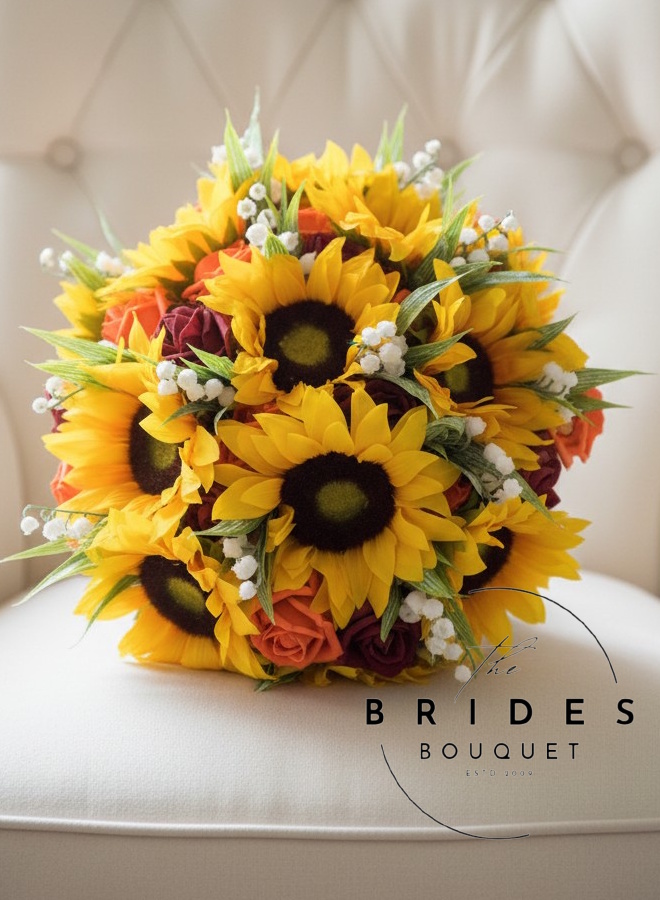 silk sunflower and artificial rose bridal bouquets handmade with lily of the valley uk brides flowers