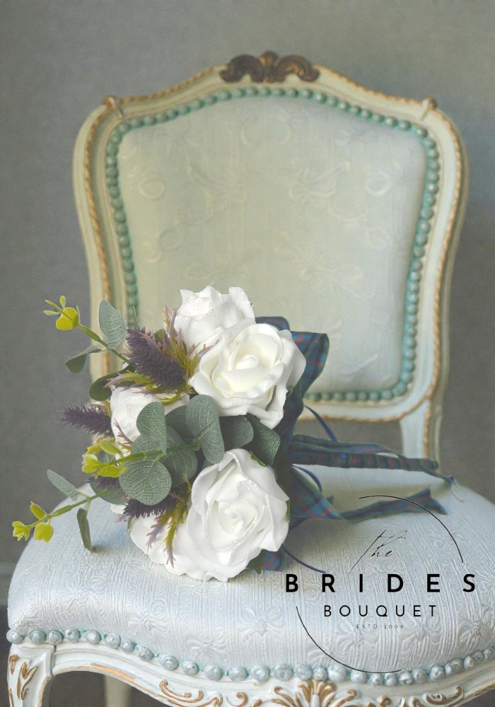 flower girl bouquet of roses with thistles and eualyptus artificial flowers for weddings