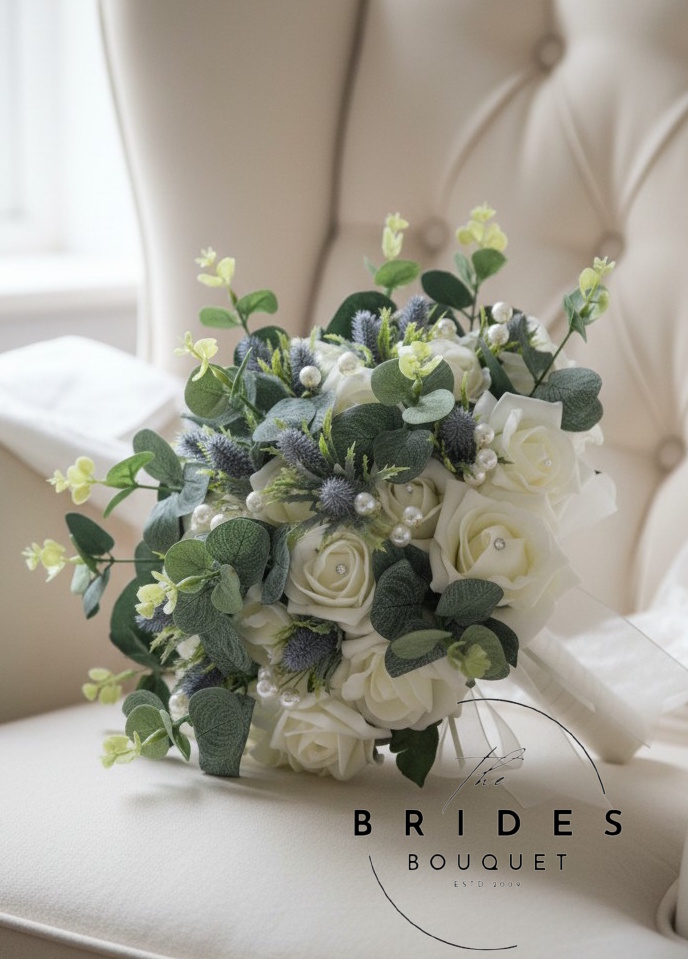 scottish thistle and artificial rose wedding bouquets with eucalyptus bridal flowers uk