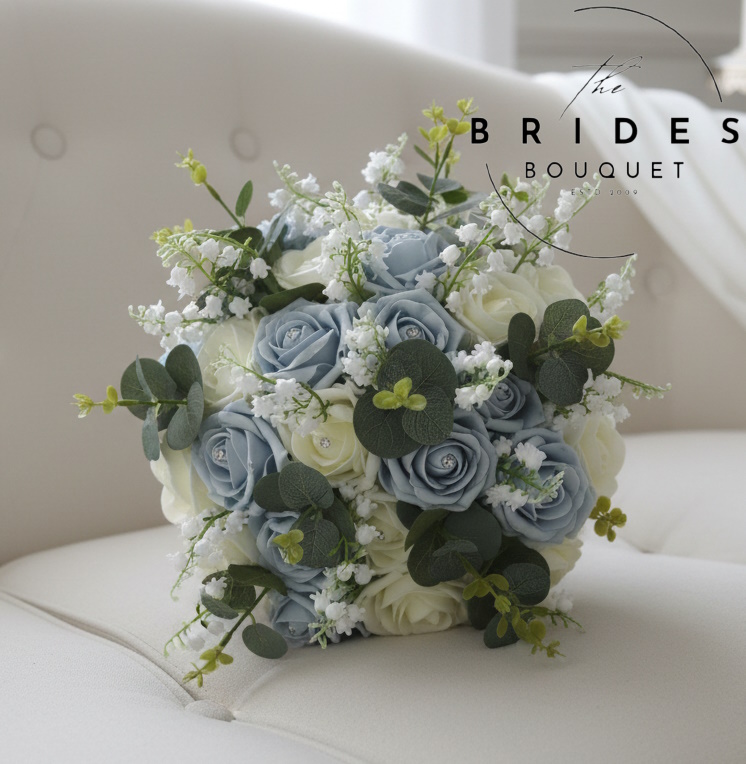 artificial wedding bouquet of faux roses with lily of the valley and eucalyptus any colours