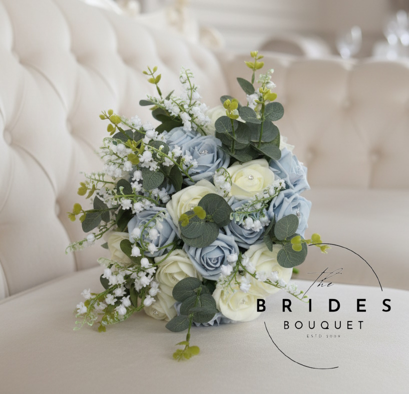 blue and ivory rose wedding bouquet with roses and lily of the valley with eucalyptus artificial bridal flowers uk