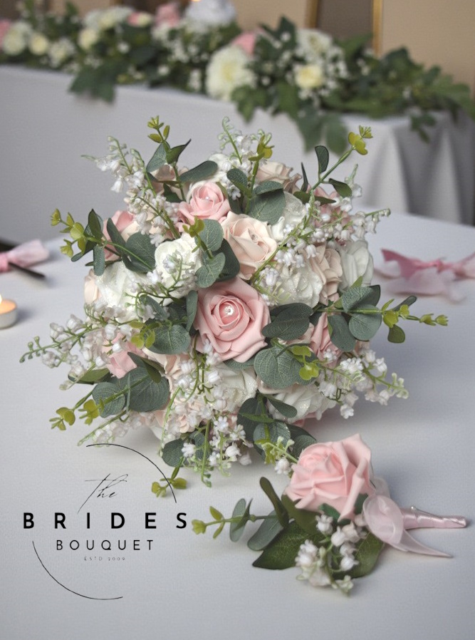 bridal bouquet with grooms buttonhole artificial wedding flowers by the brides bouquet with roses and lily of the valley eucalyptus (1)