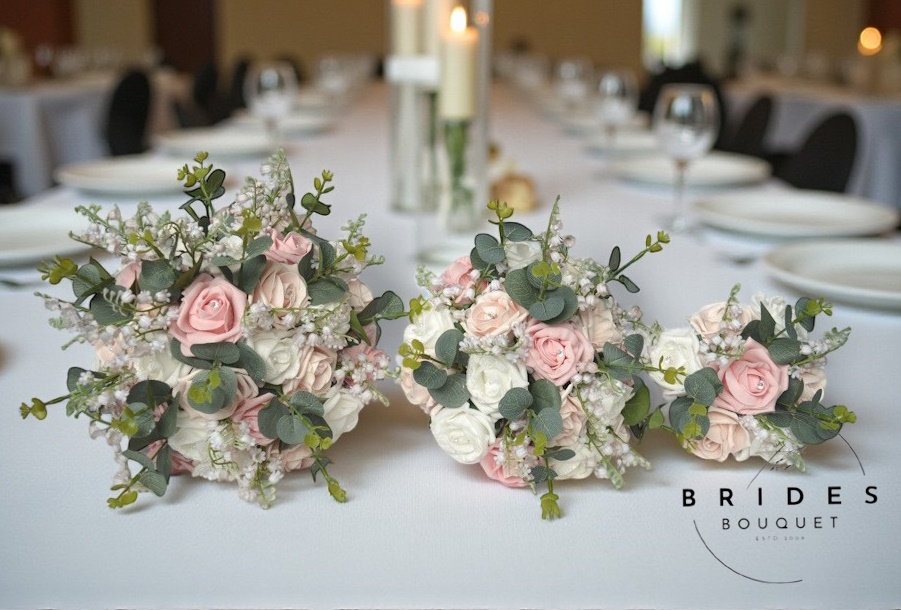 bride bridesmaid and flower girl bouquet with lily of the valley and eucalyptus artificial bridal flower package in pink shades (1)