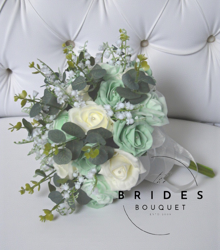 mint green wedding boquuet of roses with lily of the valley and eucalyptus foliage artificial bridal flowers uk