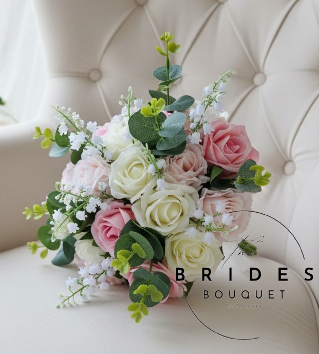 pastel pink and creram rose artificial bridal bouquet bridesmaids flowers with lily of the valley and eucalyptus