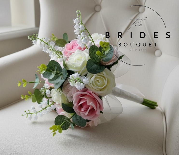 pink and ivory rose wedding bowkay with lily of the valley and eucalyptus bridesmaids