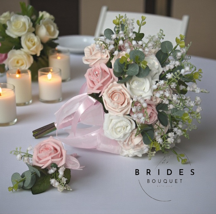 pink rose wedding bouquet with lily of the valley and eucalyptus with matching grooms buttonhole artificial bridal flowers uk (1)