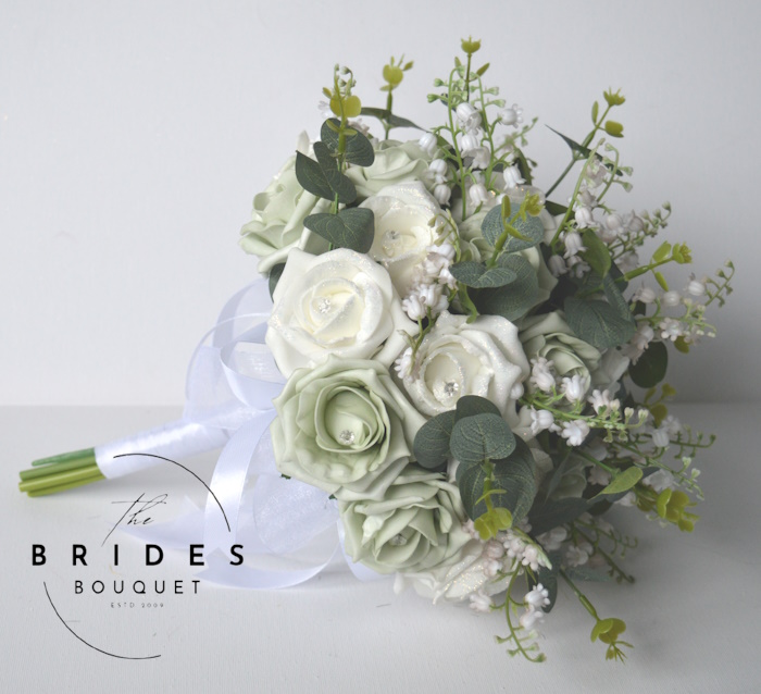 sage green and white rose bridal bouquet artificial wedding flowers with lily of the valley eucalyptus