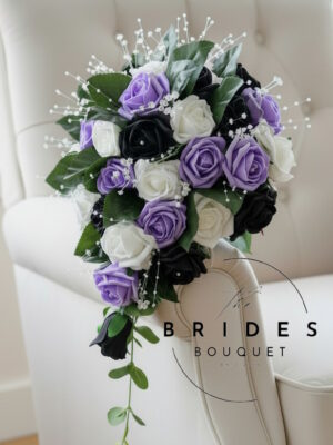 Artificial teardrop wedding bouquet with crystal and pearl stems in black lilac and white