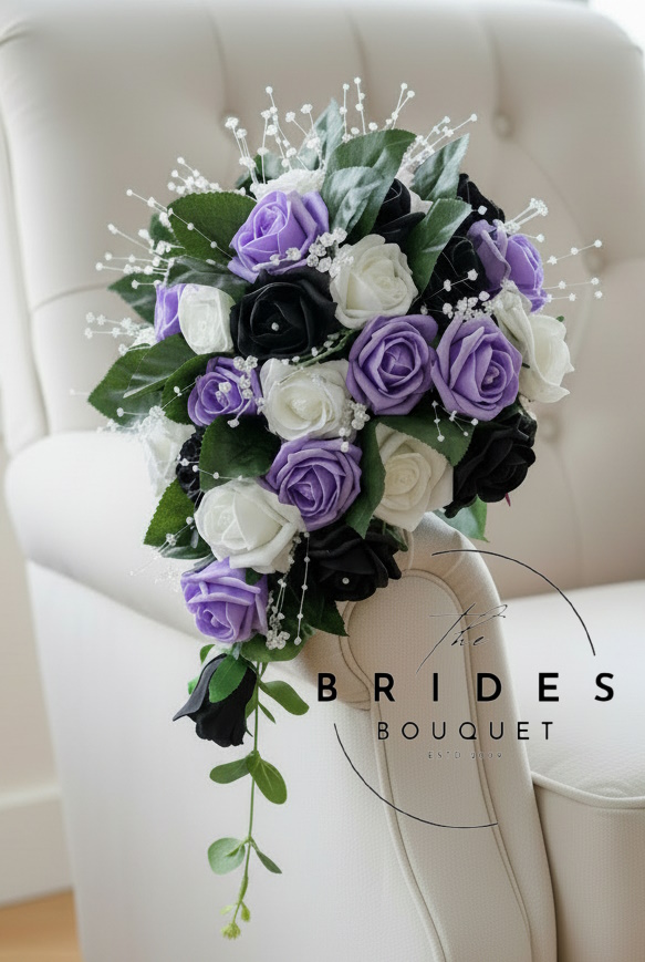artificial bridal flower bouquet of faux roses teardrop design with crystals and pears Artificial teardrop wedding bouquet with crystal and pearl stems in black lilac and white
