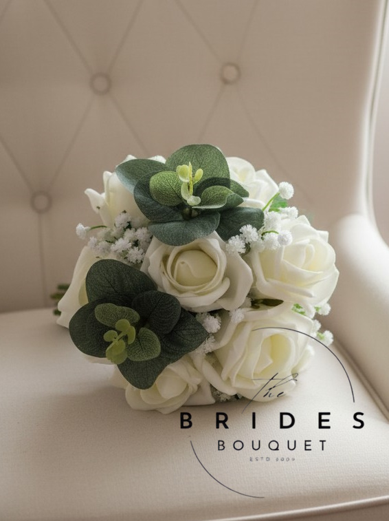 artificial rose wedding bouquet with gyp and eucalyptus flower girl