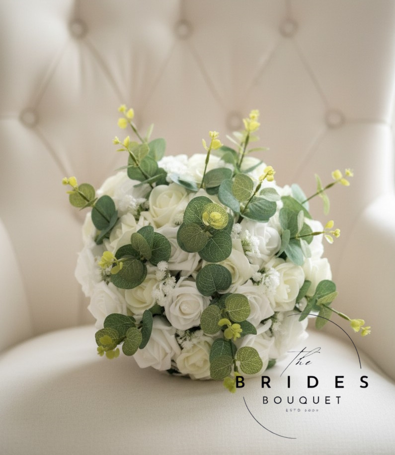 brides bouquets of fake roses with baby breath gyp and eucalyptus