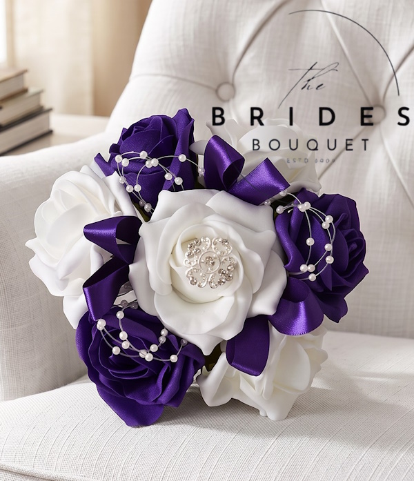 flower girl bouquets of faux roses with pearls ribbon and brooch