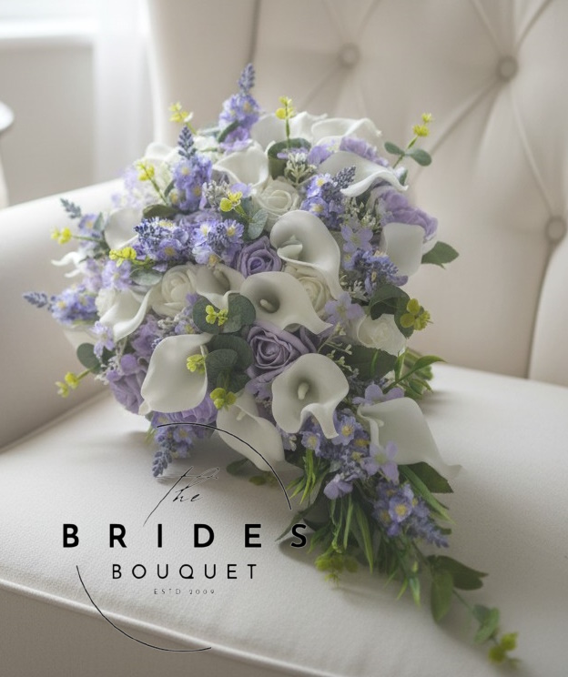 designers choice bridal teardrop bouquet in lilac and white cascade artificial flowers uk