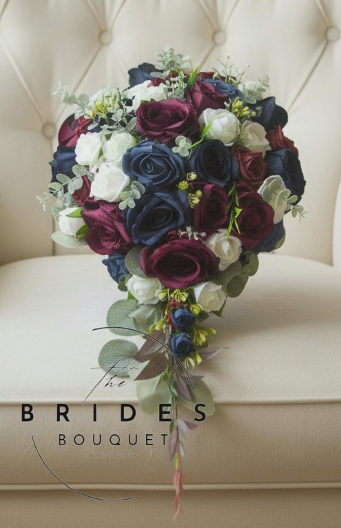 florists choice bridal tear bouquet in burgundy and navy blue silk wedding flowers uk