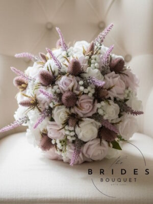 Pink Thistle Wedding Bouquet with roses, heather and gypsophila handmade to order