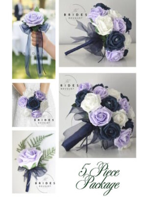 Bridal party flower package with bride's bouquet, bridesmaid's bouquet, flower girl posy, flower girl wand and groom's buttonhole