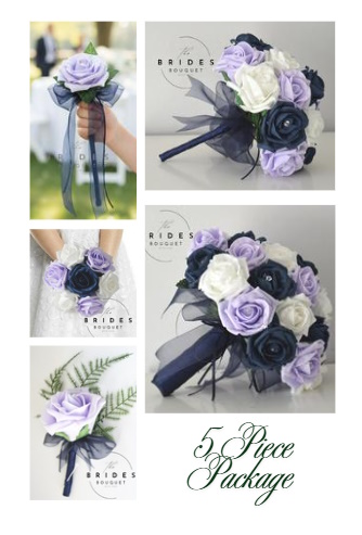 artificial rose wedding flower package 5 piece bridal bouquet set Bridal party flower package with bride's bouquet, bridesmaid's bouquet, flower girl posy, flower girl wand and groom's buttonhole