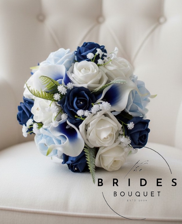 blue calla lily and rose wedding bouquets bridesmaid size faux flower bouquet