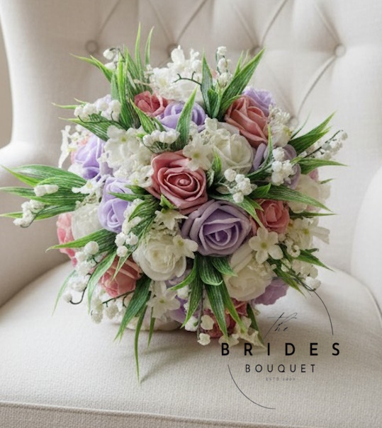 bridal posy bouquet lilac pink white rose with lily of the valley