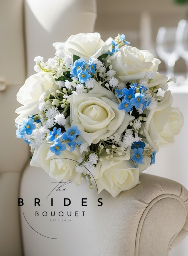 wedding bouquet of rose and forget me nots with gypsophila flower girl posy