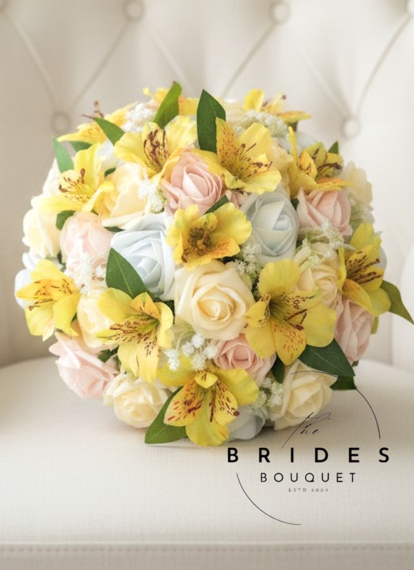 yellow alstroemeria silk wedding bouquet with faux roses and baby breath