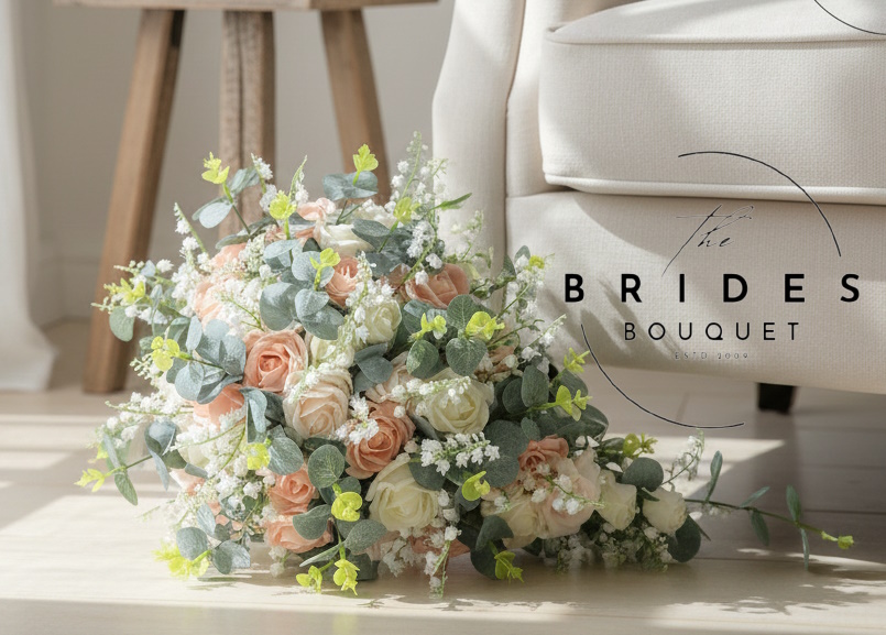 bridal bouquet teardrop of roses with lily of the valley and eucalyptus artificial wedding flowers uk Artificial wedding bouquet with faux roses, lily of the valley and eucalyptus foliage