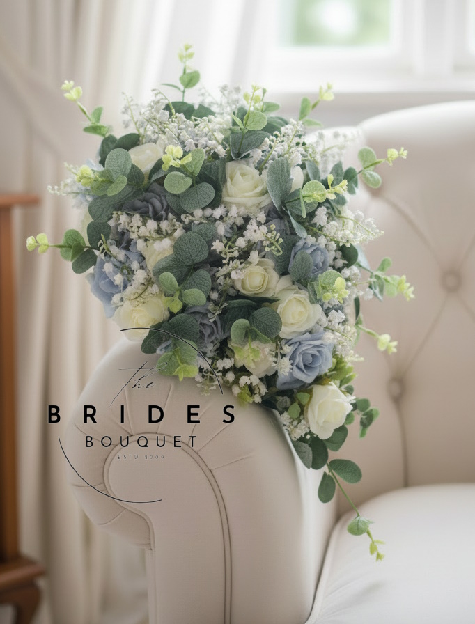 brides tear bouquet of artificial faux roses with lily of the valley and eucalyptus Teardrop wedding bouquet of faux roses, lily of the valley and eucalyptus