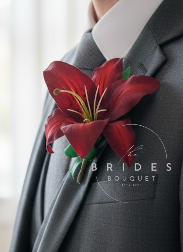 dark red silk tiger lily wedding buttonhole grooms flower