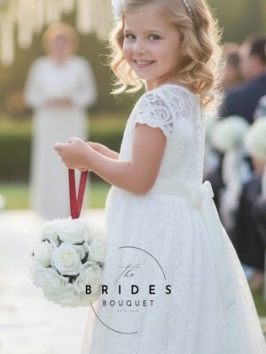 Artificial rose flower ball bridesmaid pomander bouquet in ivory with burgundy ribbon